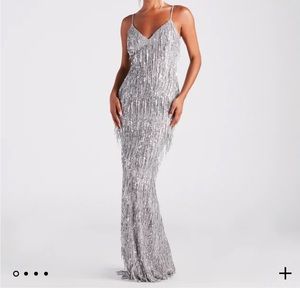 Silver sequin fringe evening dress